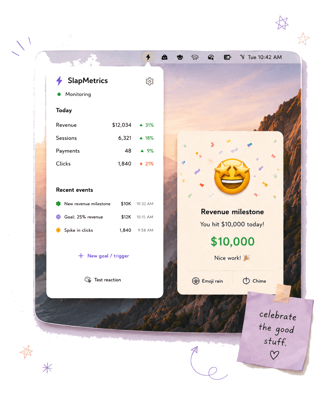 SlapMetrics menu bar panel showing revenue and events, with a Revenue milestone celebration card and a sticky note that reads 'celebrate the good stuff'.